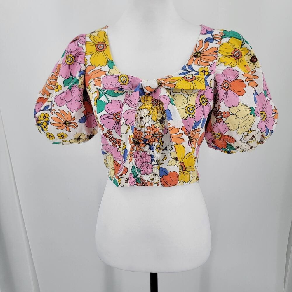 Us Together Top Womens Large Floral Crop Puff Sleeve Accent Bow Side Zip Boho